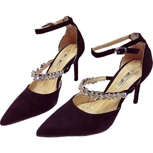Crystal Women High Heel Pumps Sexy Pointed Toe Ankle Strap Thin High Heel Shoes Ladies Elegant Rhinestone Shiny High Heels