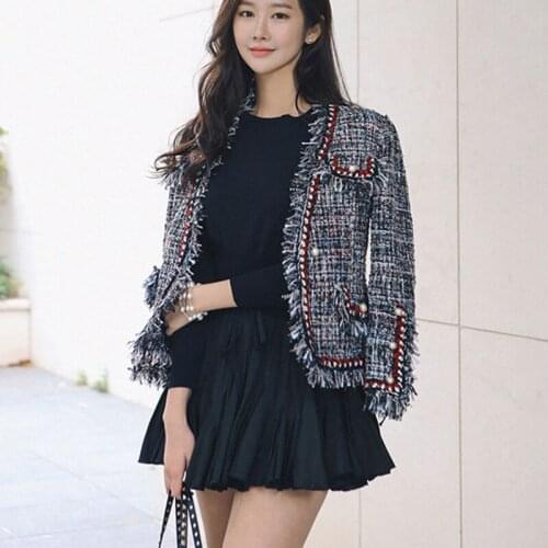 SHTONGHUA High Quality Winter Women Jacket Coat 2019 Runway Tweed Single Breasted Pearl Tassel Long Sleeve Fashion Outerwear