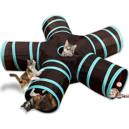 Foldable Pet Cat Tunnel Toys Waterproof Interactive 5 Holes Cat Tent Tunnel Play Tube Toy With Bell Indoor Training Pet Supplies