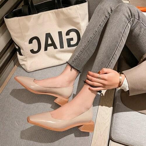 Genuine Leather Womens Pumps Square Toe Casual Women shoes Comfortable Slip-on Square heel 2021 New Spring Ladies Shoes