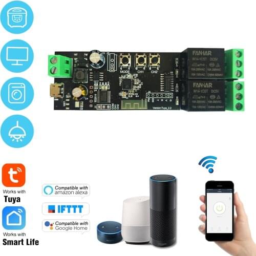 Tuya 2CH USB DC5V/7-32V WiFi Switch Wireless Relay Module Remote Switch Remote Control Compatible with Amazon Alexa Google Home