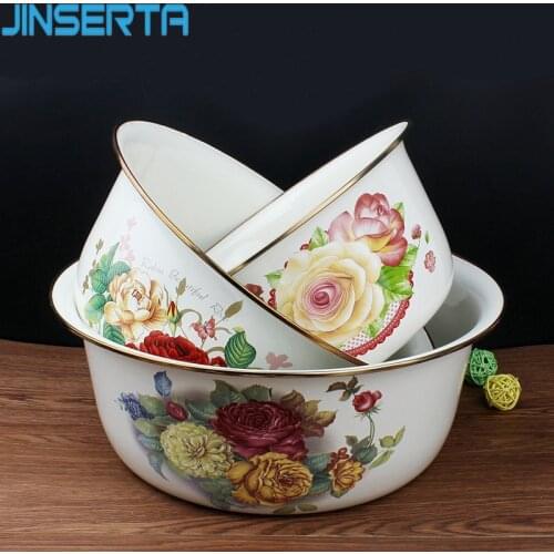 Vintage Enamel Bowl Thickened Printing Flower Large Capacity Salad Food Container Mixing Bowls Refrigerator Kitchen Tool