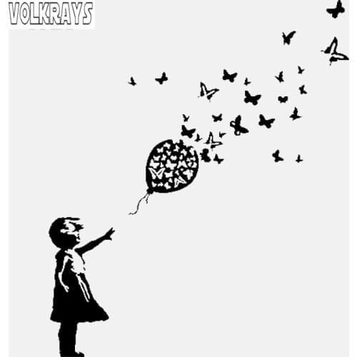Volkrays Personality Car Sticker Banksy Girl Butterfly Balloon Accessories Reflective Vinyl Decal Black/Silver,15cm*12cm