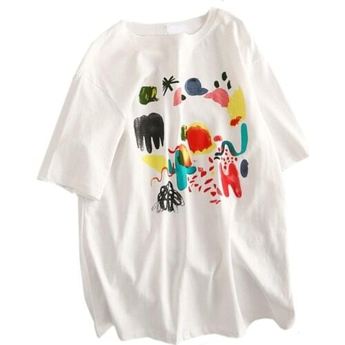 New Summer Clothing Landscape Color Painting Short Sleeve T Shirt Women Loose Korean Fashion Half Sleeve Tees Tops White