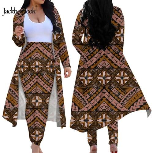 Jackherelook Women 2 Piece Vintage Outfits Samoan Polynesian Print Cardigan Trench Coat Skinny Long Pants high waist Legging