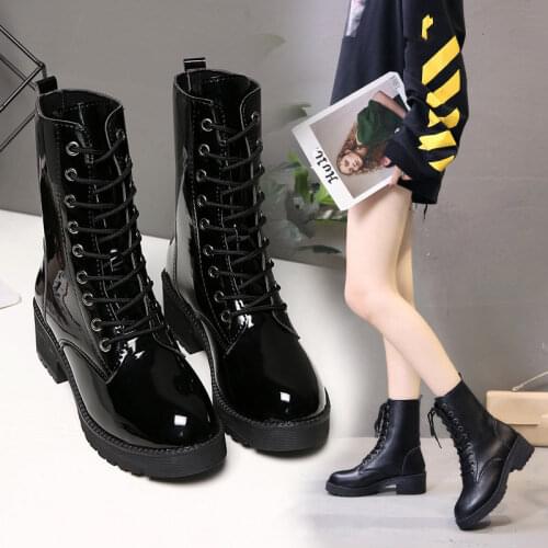 Mid-calf Japanned leather botines woman platform motorcycle cross-tied bottes fashion autumn winter short boots chunky creepers