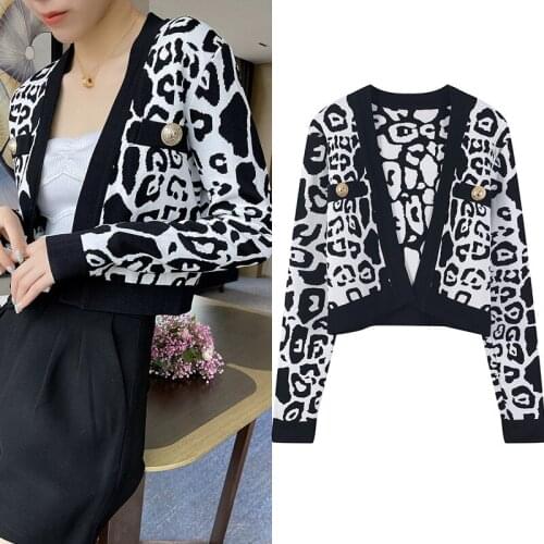 2021 Women Sweater Cardigan Knit Crop Tops Leopard Print Spring Autumn Casual Vintage Jersey Long Sleeve Fashion Runway Design