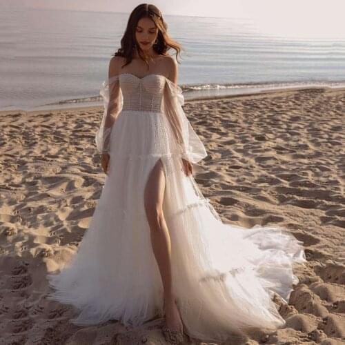 Vestido de Noiva 2021 Sexy Beach Wedding Dresses Puff Long Sleeve Bride Dress Beads Split Boho Wedding Gowns Custom Made