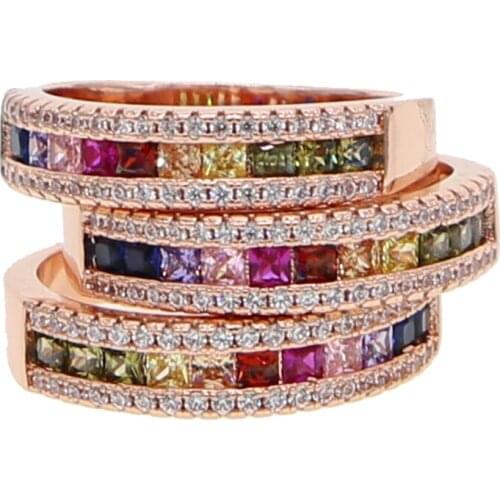 2021 Rose Gold Color US Size 6 7 8 Colorful Rainbow Cz Paved Geometry Square Classic Jewelry Women Girl Mothers Day Charm Gifts