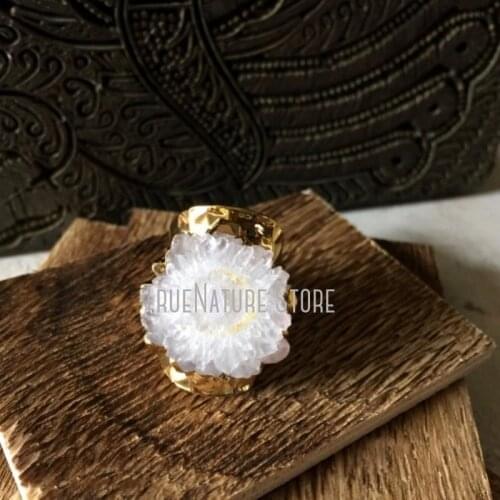 5Pcs RM38714 Adjustable Silver Jewelry Solar Quartz Raw Crystal Statement Ring Gold Adjustable Druzy Cigar Stone Cuff Ring