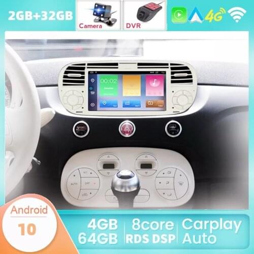 7"HD Touch Screen Quad Core Android 10 Car DVD Player FOR FIAT 500 Radio GPS DSP WIFI 3G BT Steering Wheel Control Stereo Camera