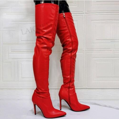 BERZIMER Women Thigh High Heels Boots Boots Full Zip Up Faux Leather Zapatos Party Handmade Shoes Woman Big Size 40 42 44 47
