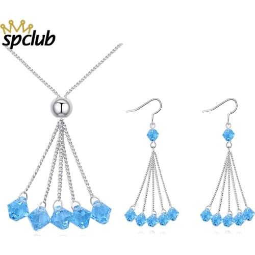 Shiny Crystals From Swarovski Necklace Earrings Set For Women Silver Color Tassel Drop Crystal Wedding Bridal Jewelry Sets