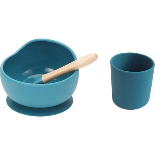 Baby Silicone Dinnerware Silicone Feeding Set Soft Cups BPA Free Wooden Spoon Kids Toddler Suction Bowl Food Grade Tableware
