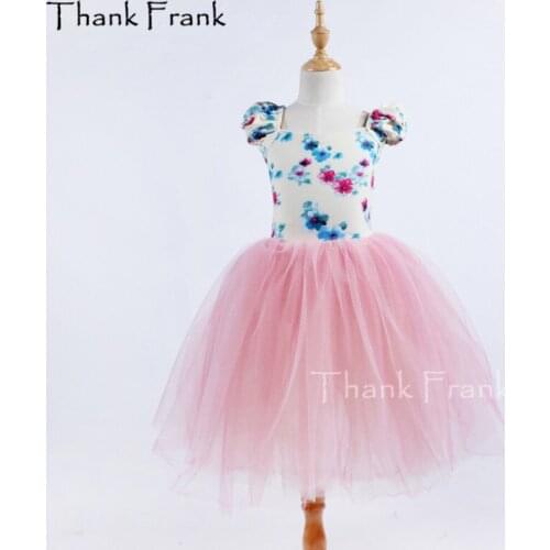 Flower Print Long Ballet Dress For Girls Adult New Design Fairy Puff Sleeve Dance Costume C415