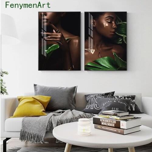 Green Leaves Black Girl Canvas Painting African Woman Poster and Print Modern Wall Art Pictures For Living Room Home Decor