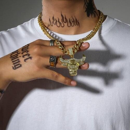 Fashion Iced out Ox-head Necklace Cuban Miami Pendant Necklace For Man Collar Charm Necklace Hip-hop Rock Rapper Jewelry Gifts