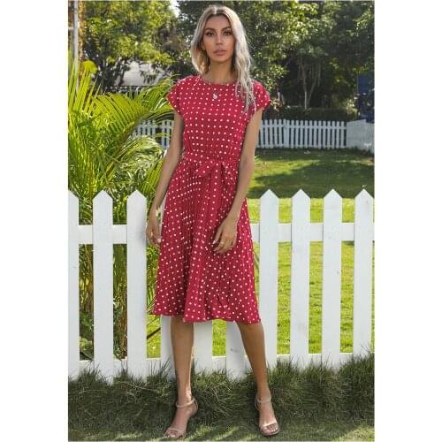 Fashion Womens Dresses Mid-length Polka-dot Round Neck Shortsleeved Lace Pleated Womens Dress In Europe and America 2021summe