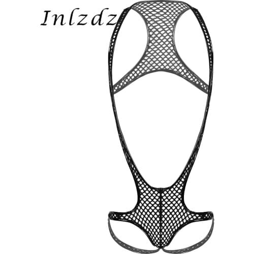 Lingerie Fishnet Singlet Bodysuit for Gay Mens Patent Leather Hollow Out Sleepwear Lingerie Club Party Erotic Sexy Costume