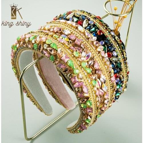 Gorgeous Baroque Geometric Colorful Crystal Headband Luxurious Metal Belt Rhinestone Hairband Woman Wedding Party Hair Accessory
