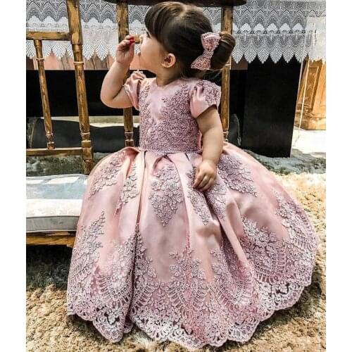 Blush Pink Luxurious Baby Girls Dresses Lace Beaded Satin Little Girl Cloth Vintage Communion Pageant Dress