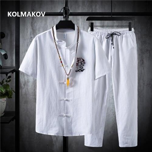 Shirt + trousers) summer men Cotton and linen shirts Short sleeve mens casual shirts men A set of clothes size M-5XL TZ029