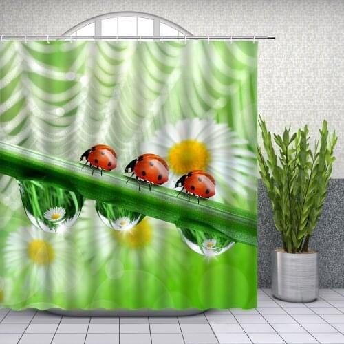 Ladybug Shower Curtains Spring Green Plant Floral Water Droplets Scenery Bathroom Decor Bath Waterproof Polyester Curtain Set
