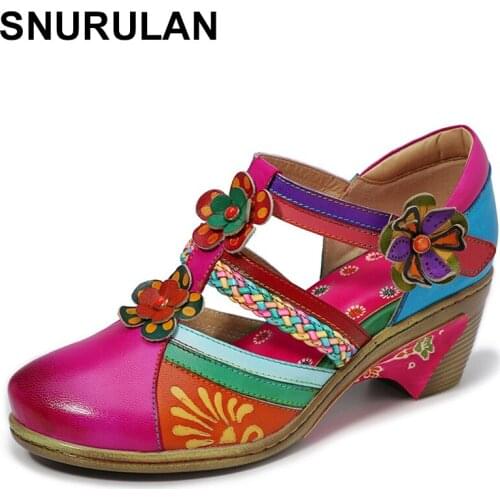 SNURULAN Women genuine leather shoes hollow soft sandals retro flowers pattern spring new ladies high heel shoes