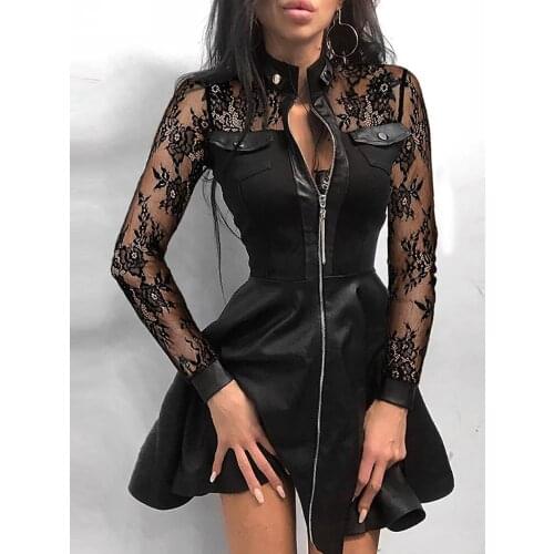Sexy Ladies Black Lace Patchwork Mini Dress Autumn Long Sleeve Stand Collar Party Dress Women Vintage Plaid Zippers Slim Dresses