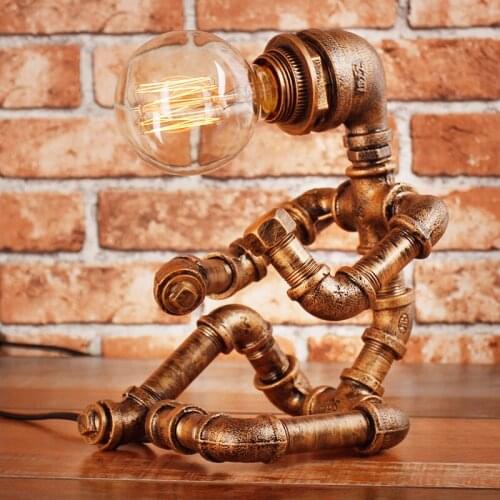 Vintage Robot Water Pipe Table Lamps for Bedroom Industrial Lamp Retro Loft Decor Iron Stand Desk Light Fixtures Home Lighting