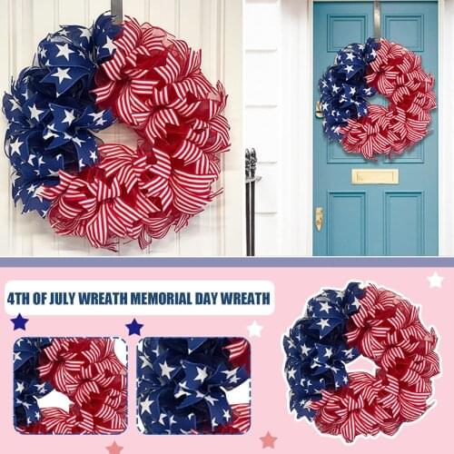 Independence Day Outdoor Decorations USA Garland Patriotic Flag Simulation Wreath for Front Door Window Home Office Party Decor