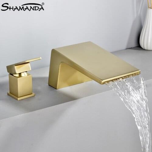 All copper hot and cold water basin faucet two-piece brushed gold two-hole basin faucet creative black bathtub waterfall set