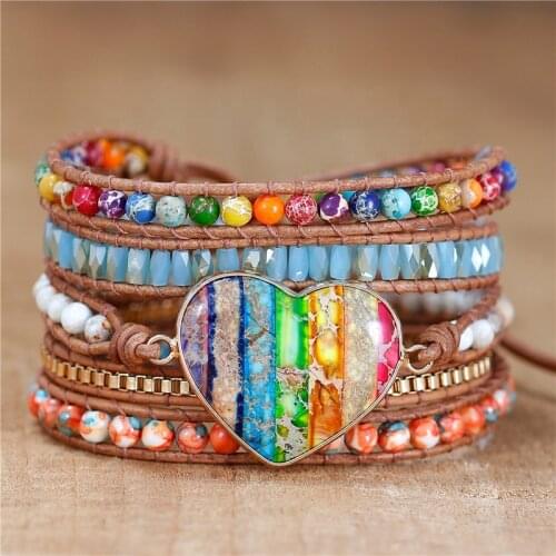 YueTong Handmade Multi colors 7 Chakra Heart Charm Beaded Wrap Bracelet Yoga Multi Colors Beads Leather Bracelet Girl Wholesale