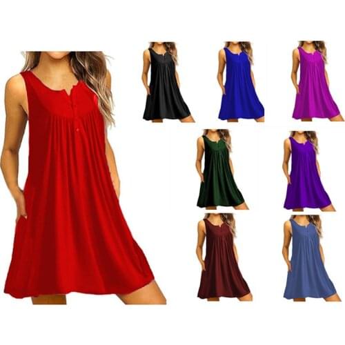 Womens Summer O-neck Button Short Sleeve Casual Pleated Dress Ladies Solid Color Sleeveless Loose Pullover Dress Plus Size 5XL