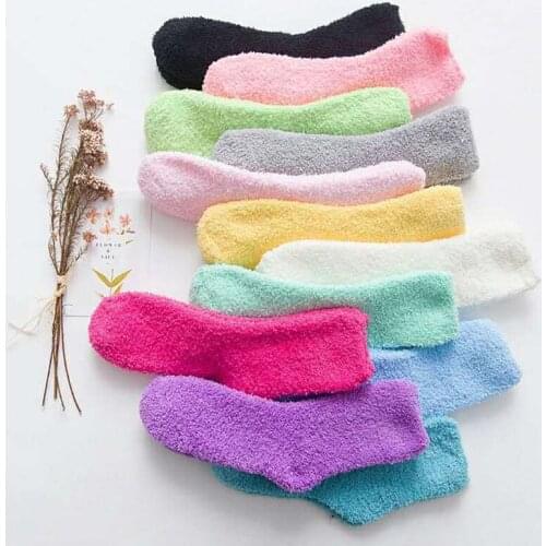 Womens sleep socks winter home thick candy color womens socks half fleece tube socks coral fleece floor socks 2020 recommended