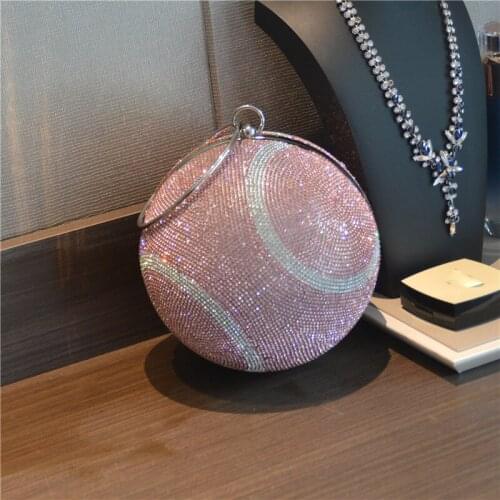 Lady Yellow Pink Rhinestones Women Evening Bags Ball Shaped Clutch Purse Diamonds Shoulder Chain Handbags Wedding Dinner Purse