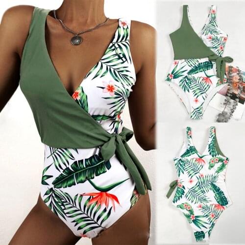 New Sexy Swimsuit One-piece Suits Bathing Suit Women Printed Deep V Bikini Leaf Swimwear Push Up Monokini Maillot De Bain Femme