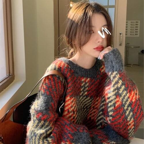 Women Autumn Winter New Japanese Style Outerwear Contrasting Color Design Plaid Round Neck Thick Sweater Loose Soft Pullover Top