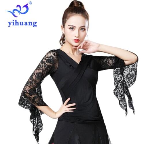 2019 Summer New Women Waltz Ballroom Dance Tops Modern Standard Tango Latin Dancewear Party Performance Blouses Lace Bell Sleeve