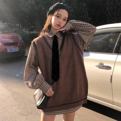 Knitted Vest Women V-neck Korean Loose All-match Female Sweaters Spring Autumn Outwear Oversize Chic Knitted Vest Shirt Tie Suit