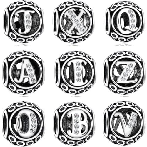 Vintage Hollow Tibet Silver Color Small letter Crystal Beads Charms Fit Pandora Charms Bracelets & Bangles for Women DIY Making
