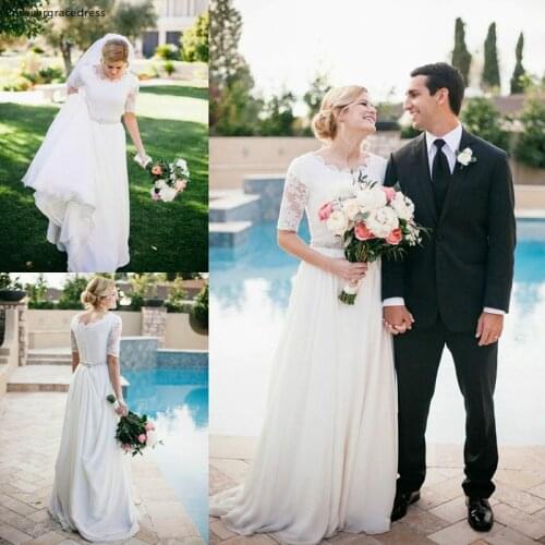 Elegant White Wedding Dresses High Quality Half Sleeves Chiffon Lace Long Women Wear Bridal Gowns