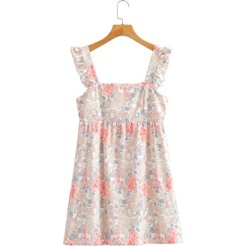 Women Dress Vintage Za Fashion Floral Print Ruffles Trim Mini Dress Sleeveless Summer 2021 Beach Style Cami Dresses Vestidos