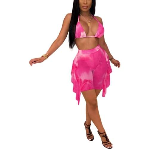 2 Pcs Women Bathing Suits Tie-dye Print Triangle Halter Bra + See-through Ruffle Splicing Mesh Sheer Pants Beach Two Pieces Sets