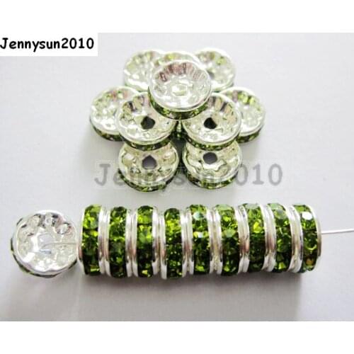 200pcs/lot 8mm Top Quality Czech Crystal Olivine Rhinestone Pave Rondelle Metal Silver Plated Spacer Loose Beads Jewelry Making
