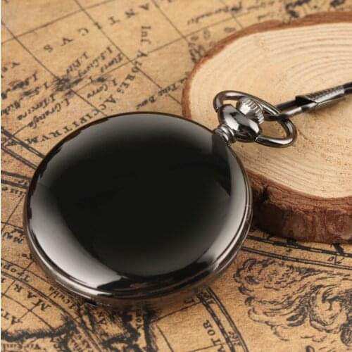 50pcs/lot Polished Black Roman Numerals Quartz Pocket Watch Steampunk Watches with Chain Wholesale