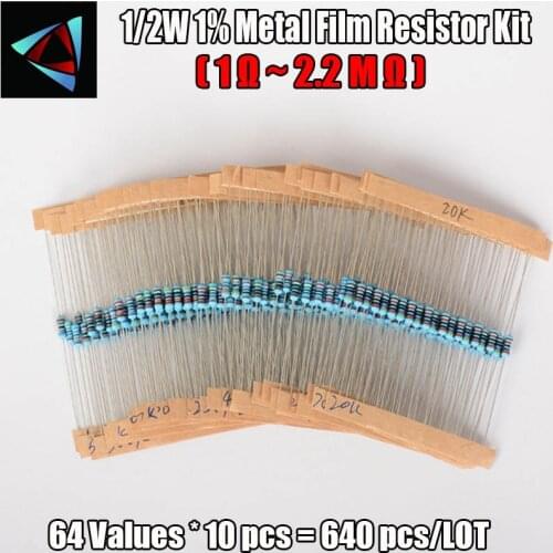 640pcs 1/2W 1% 64 Values 1-2.2M 0Ohm Metal Film Resistors Assorted Kit Set