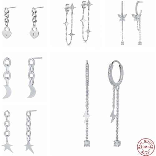 GS 925 Sterling Silver White Zircon CZ Butterfly Pendant Dangle Earrings For Women Star Moon Lightning Bolt Chain Drop Earring