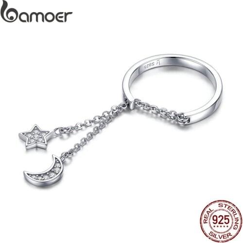 BAMOER Authentic 925 Sterling Silver Moon and Star Link Chain Adjustable Finger Rings for Women S925 2019 New Design SCR407