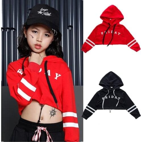 Kids Red Black Cropped Hoodie Shirt Sweatshirt Tops for Girls Hip Hop Clothing Dance Clothes Ballroom Jazz Dancing Costumes Wear
